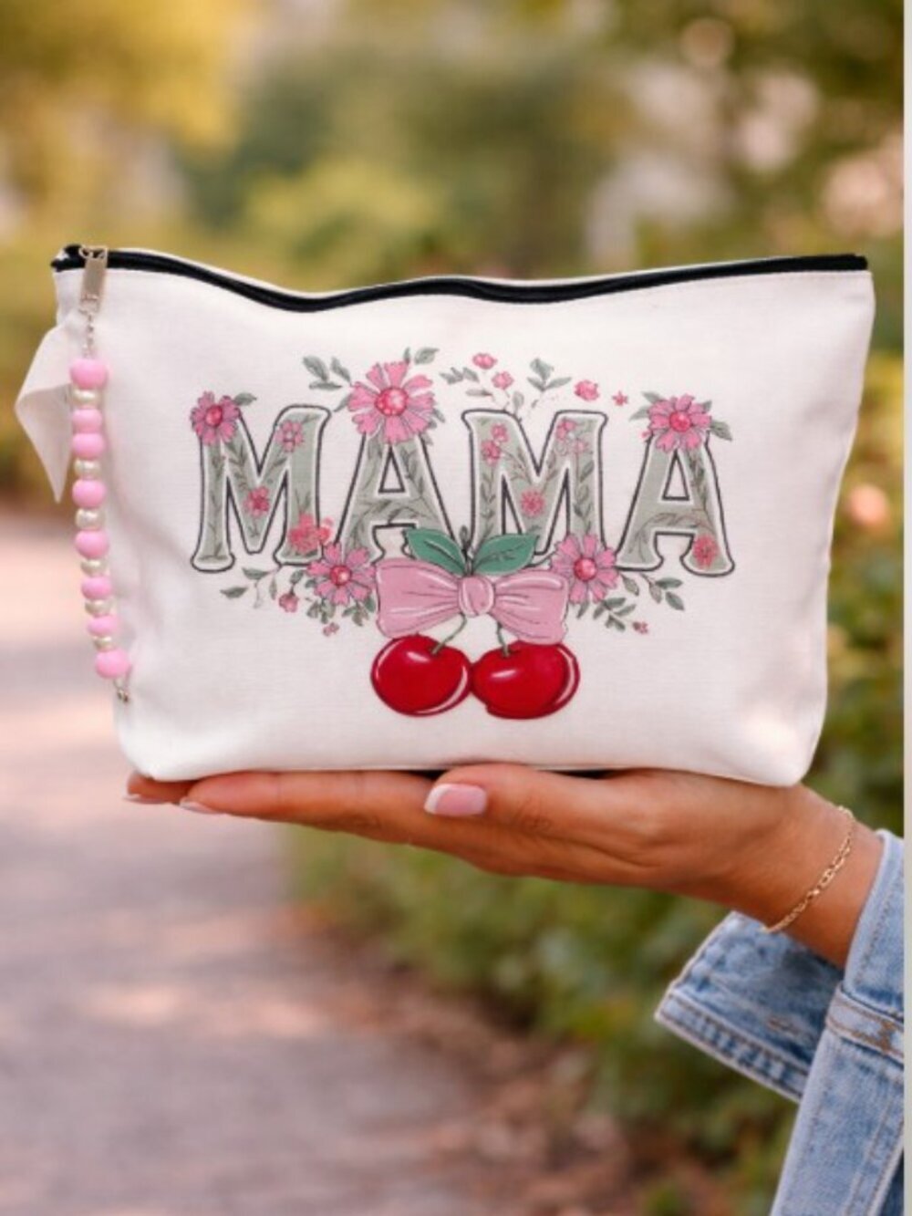 'MAMA' Floral Graphic Design Pink and White Cosmetic Makeup Pouch Wristlet Bag